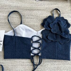 Denim fabric straps cross back bow and front a flower made with the same fabric